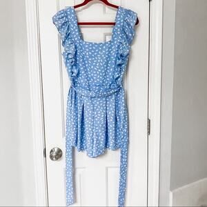 DOUBLE CRAZY • Ruffle Spotted Blue + White Shorts Romper